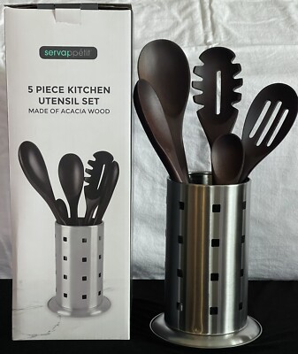 Servappetit 5 pc Kitchen Acacia Wood KITCHEN UTENSIL set, Stainless Steel Holder