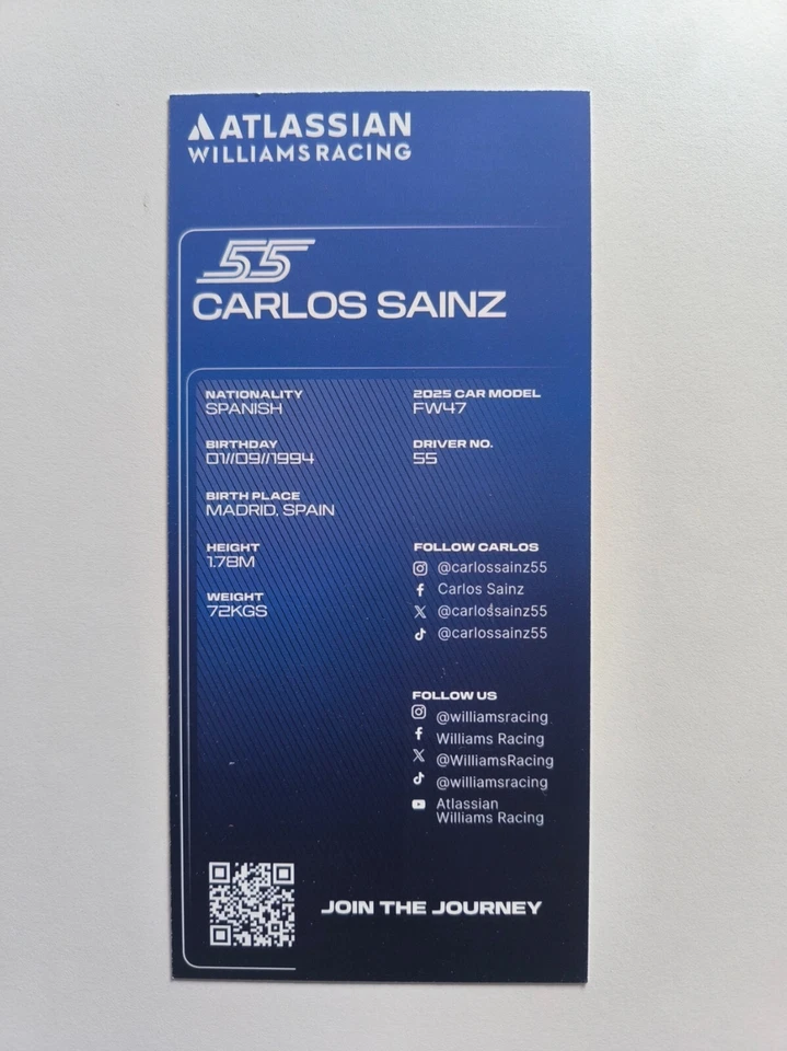 Carlos Sainz signed 2025 Williams F1 FW47 official card 10x21cm NEW - Image 2 of 2