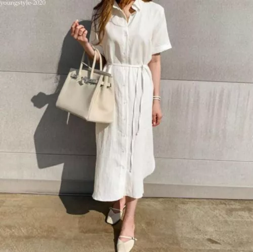 Lady Summer Casual Button-Down Shirt Dress Cotton Linen Long Tunic Beach Kaftan - Bild 6 von 19