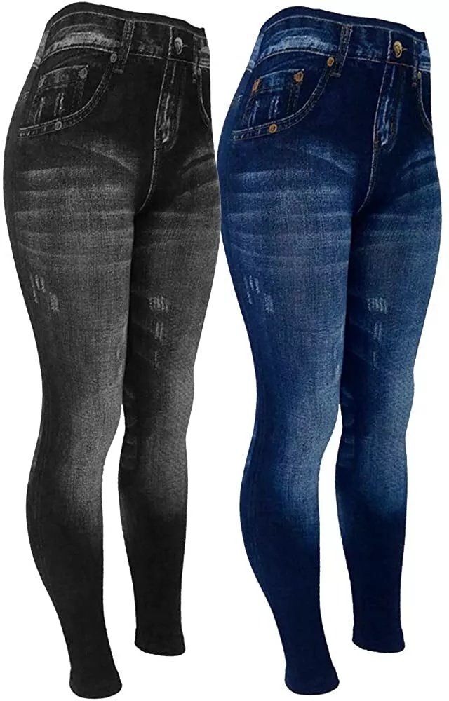 All Sizes - Faux Denim - Fleece Lined Leggings w/Back Pockets