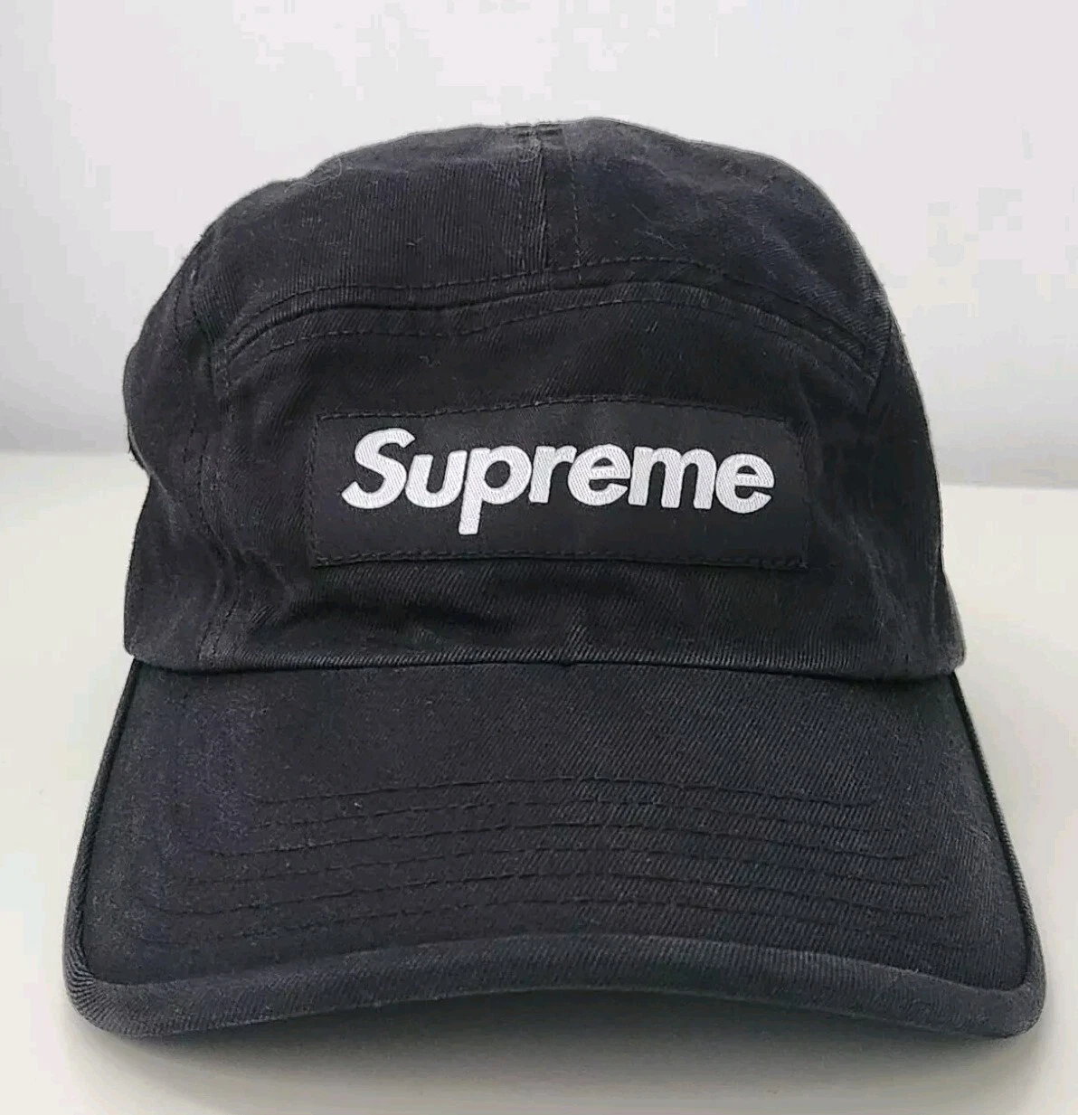 FW21 Supreme Washed Chino Twill Camp Cap Black Hat Box logo