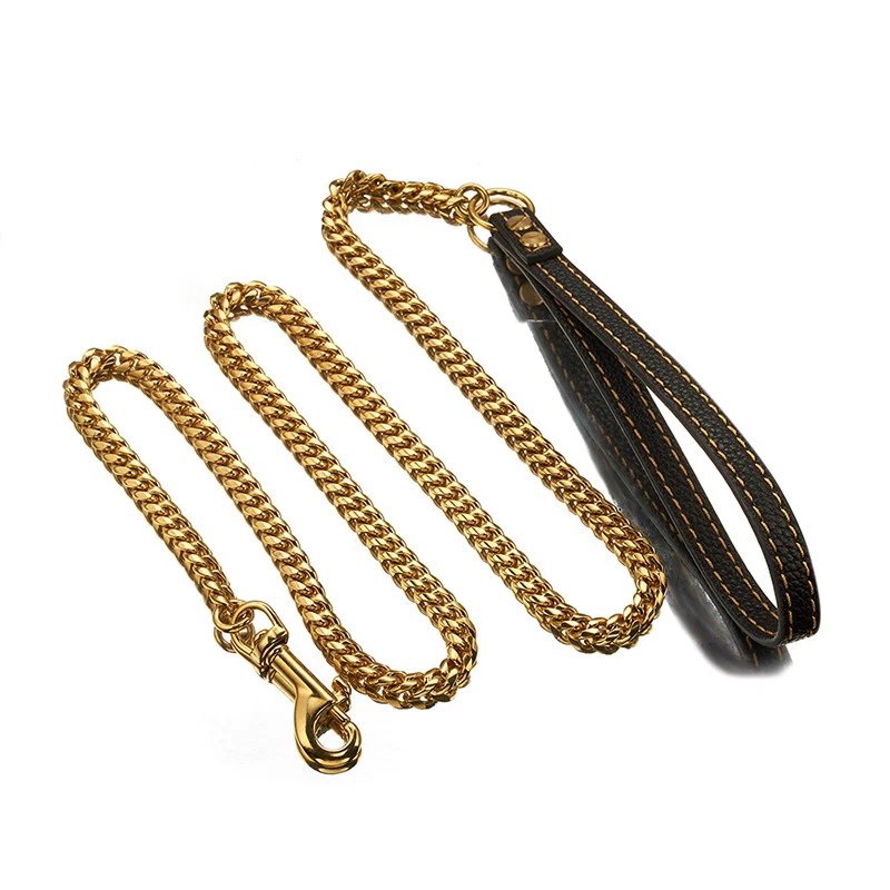 51inch Stainless steel Gold Miami Chain Leather Walking Dog Leash Lead Traning - Image 3 of 4