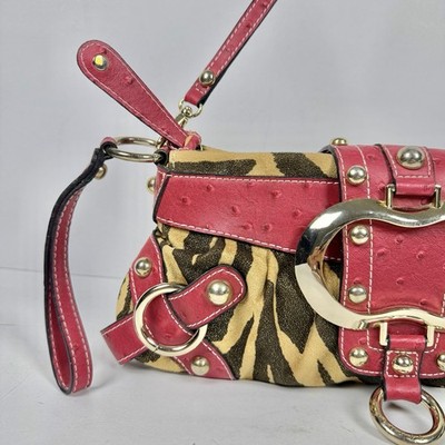 Guess Vintage Y2K Tiger Print Shoulder Bag red Ostrich Trim Gold
