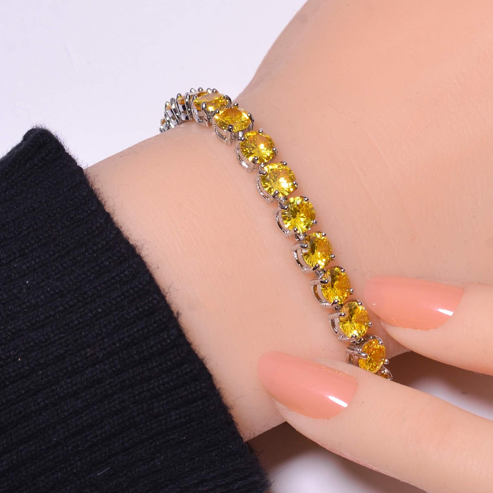 Yellow Sapphire Simulated Gemstone Sterling Silver Tennis Bracelet 7.99 Inch B95