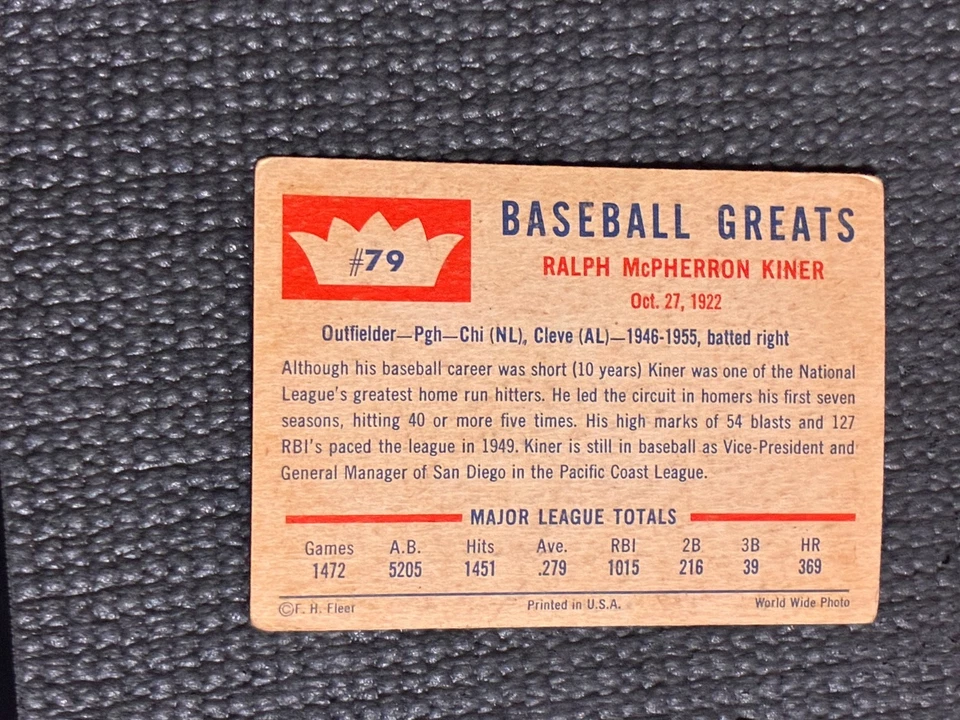 1960 Fleer Baseball Greats Ralph Kiner #79 - sin pliegues Foto 2 de 2