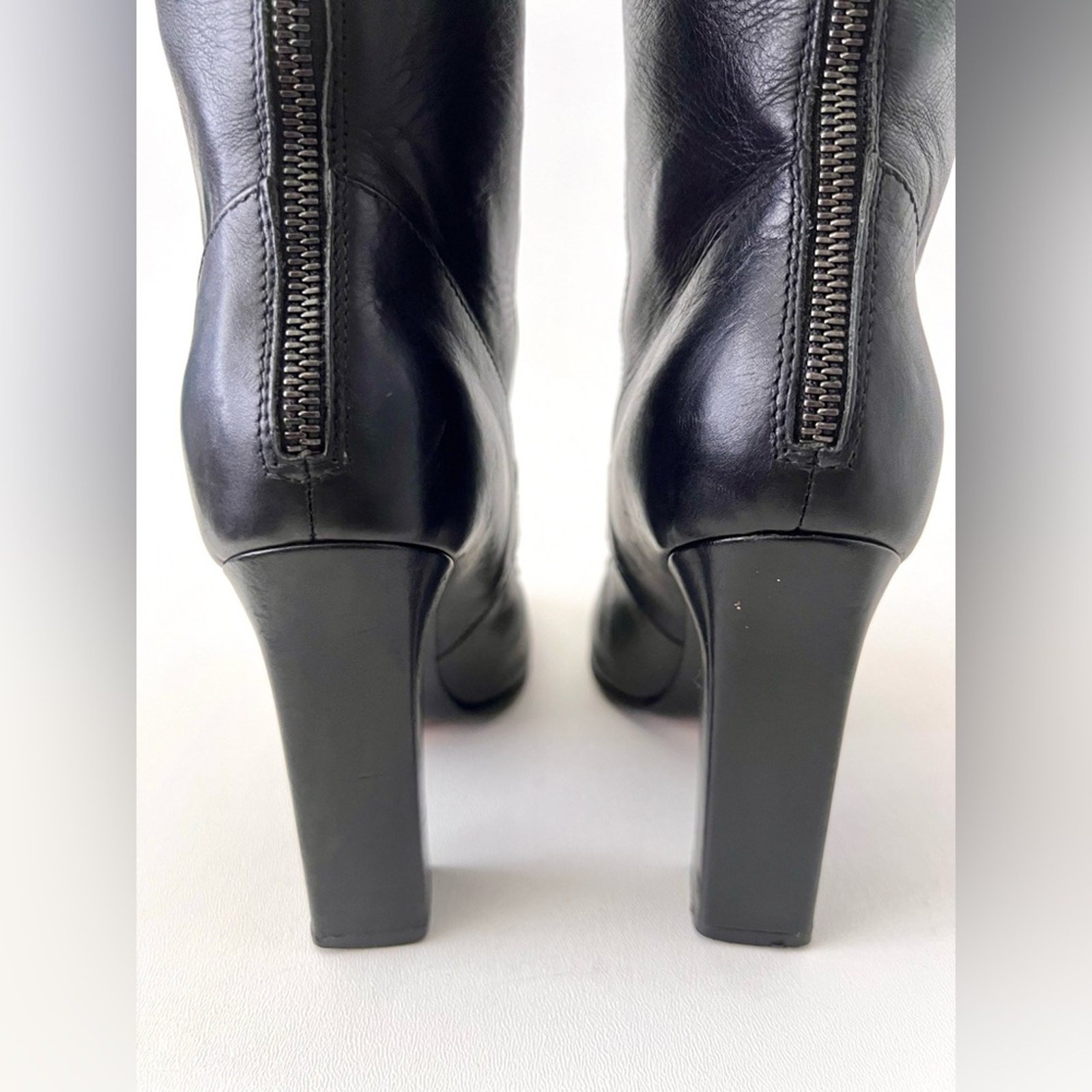 CHANEL | Black Leather Knee High Heel Boots CC Logo Turnlock EU 37 thumbnail 7