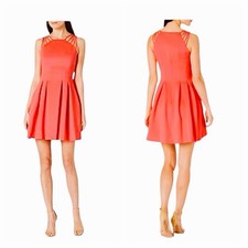 Vince Camuto Fit & Flare Coral Dress Sz 4 Pockets Wedding Spring Strappy Neck