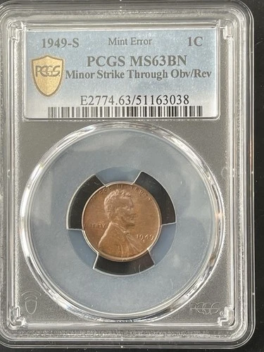 1949S GREASE STRIKE THROUGH ERROR OBVERSE AND REVERSE LINCOLN PENNY. MS63BN PCGS