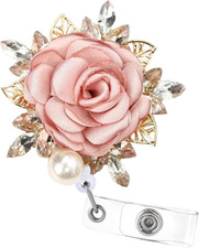 Elegant Pink Rose Crystal Pearl Badge Reel Magnetic Retractable ID Holder with