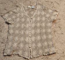 VTG Womens Open Crochet Button Top SIZE L- Beige Cottage Feminine Boho Romantic