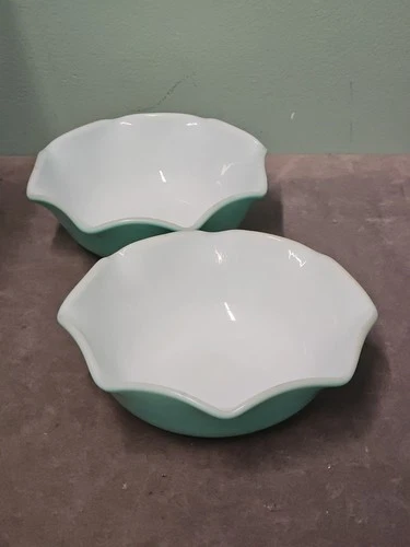 Hazel Atlas Bowls Crinoline Turquoise Aqua Blue Ripple 5 1/2" Cereal Bowl 2 vtg