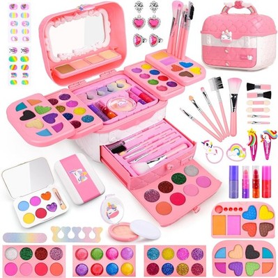 Auney 80 PCS Kids Makeup Kit for 3 4 5 6 7 8 Years Old, Unicorn Girls Toy for Li