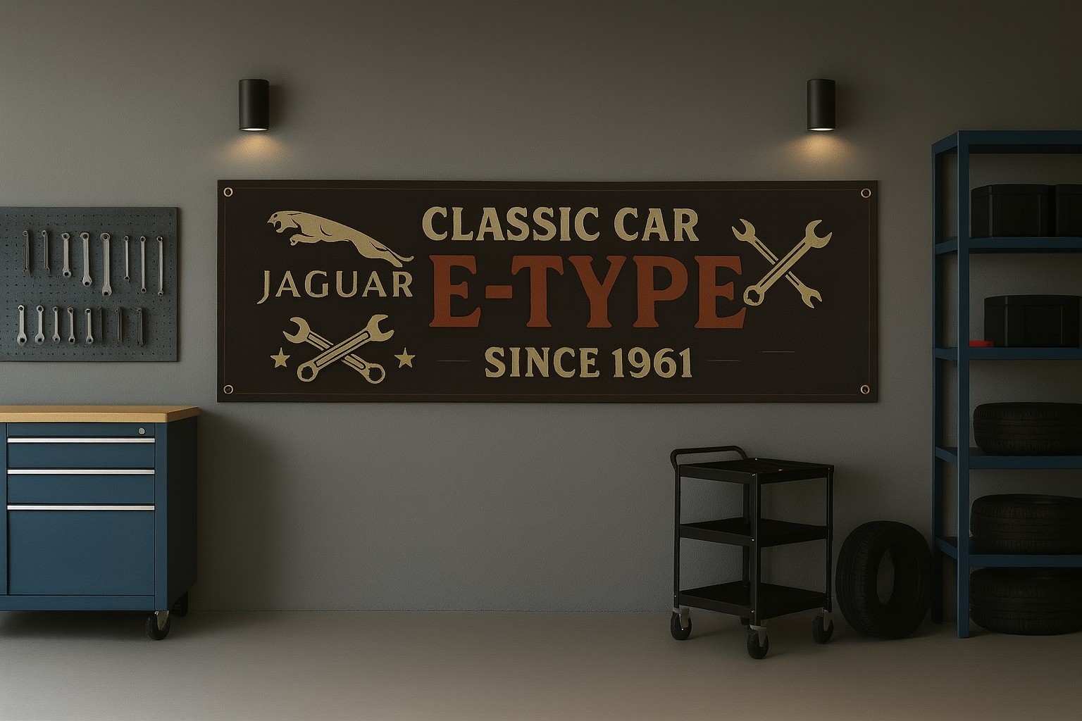 Jaguar E-Type Classic Car Flag 71x24" Since 1961 Vintage Garage Banner