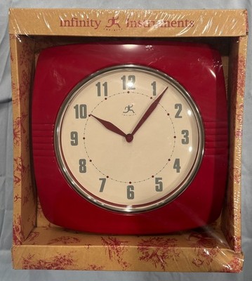 NEW Infinity Instruments Square Silent Retro 9 inch Mid Century Modern Clock Red