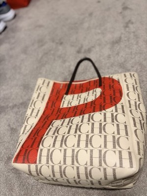 Carolina Herrera CH Logo Tote Handbag Red Beige Black Double Handle w/ Dust Bag