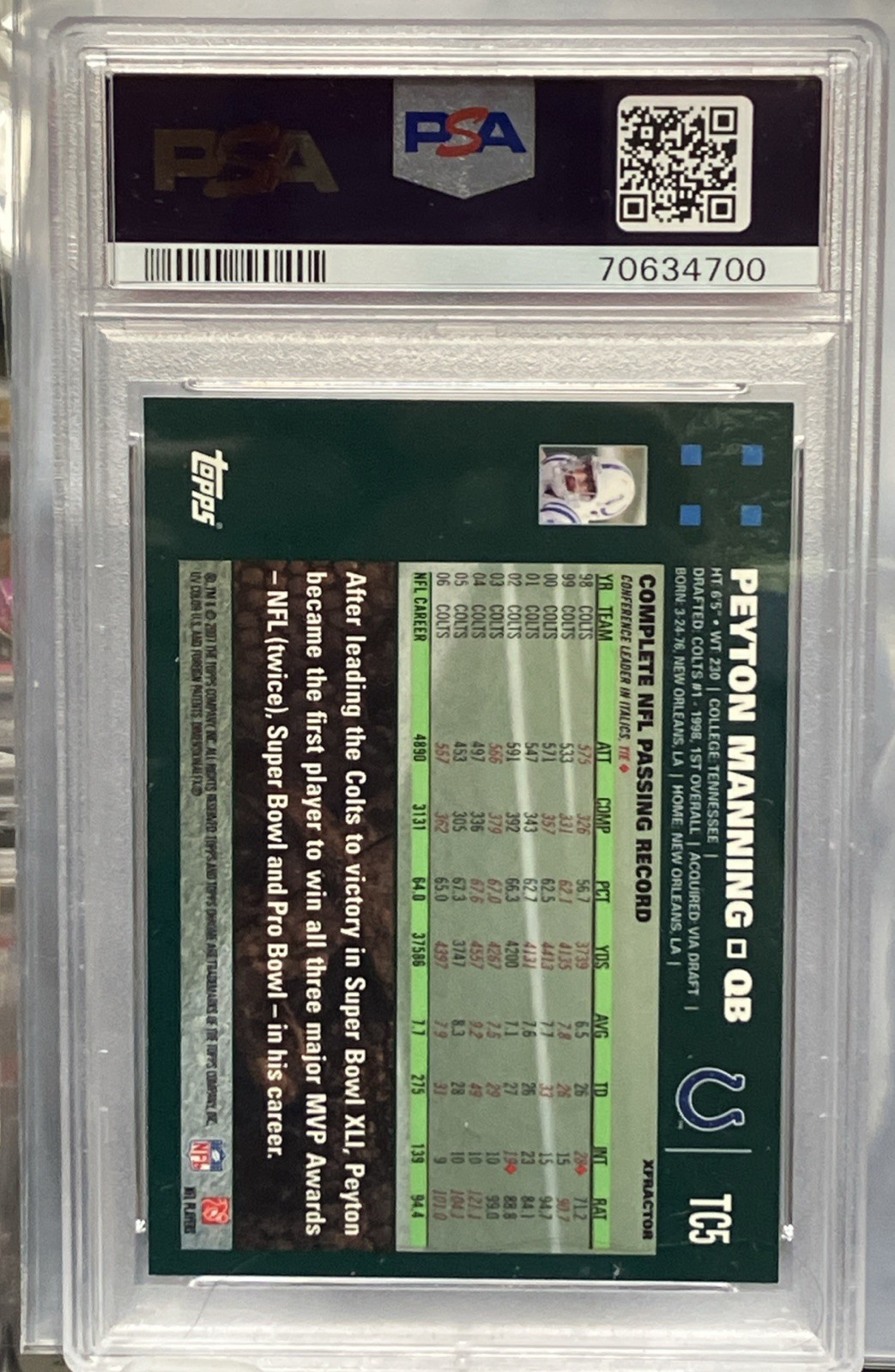 2007 TOPPS CHROME XFRACTOR PEYTON MANNING Xfractor TC5 PSA 10 Pop 13 HOF view 2