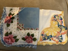Vintage Floral Handkerchief Crochet Lace Border Blue Flowers White Butterfly