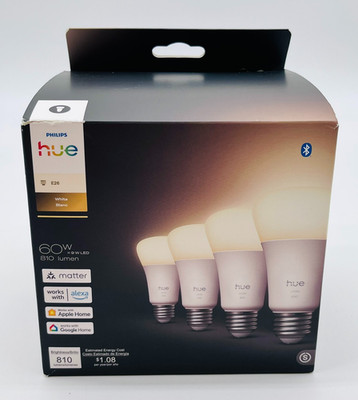 Philips Hue E26 810 Lumens Smart Light Bulb White (4 Pack) Open Box