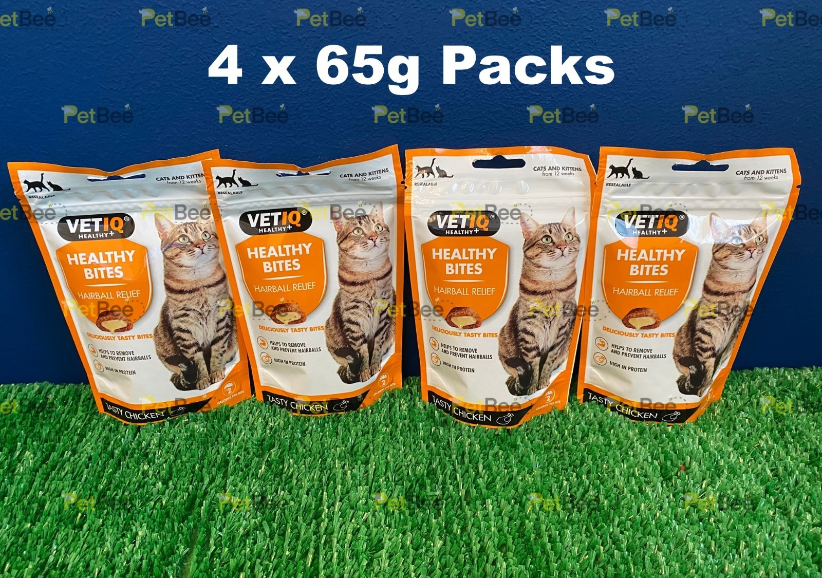 4 x VETIQ Healthy Bites Hairball Relief Cat Kitten Treats - Chicken & Turkey 65g