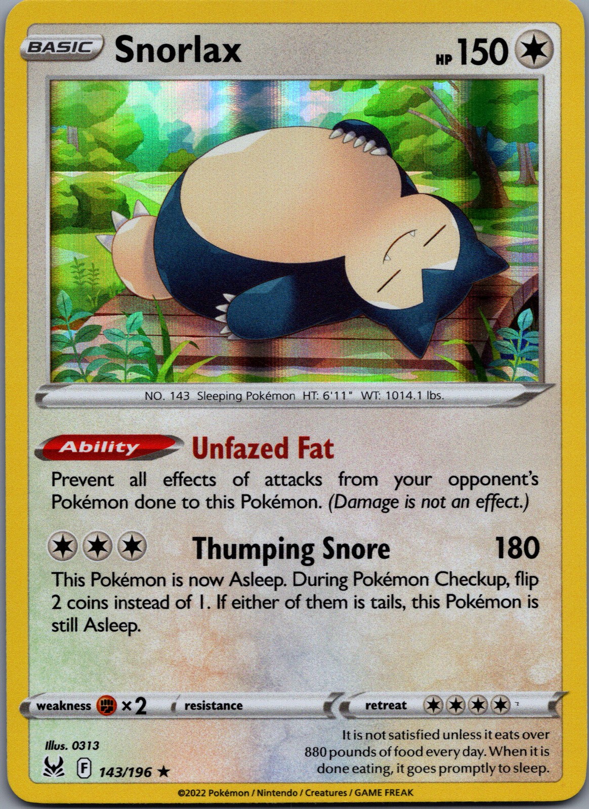Snorlax 143/196 Lost Origin Rare Holo NM