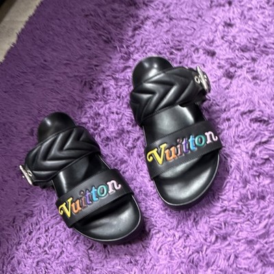Louis Vuitton Black Multicolor Logo Leather Slide Sandals for