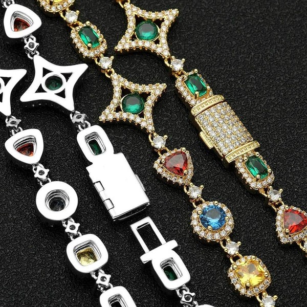 Alternate view of Men's Gold Plated Steei Colorful Star Iced Cuban Link Bracelet