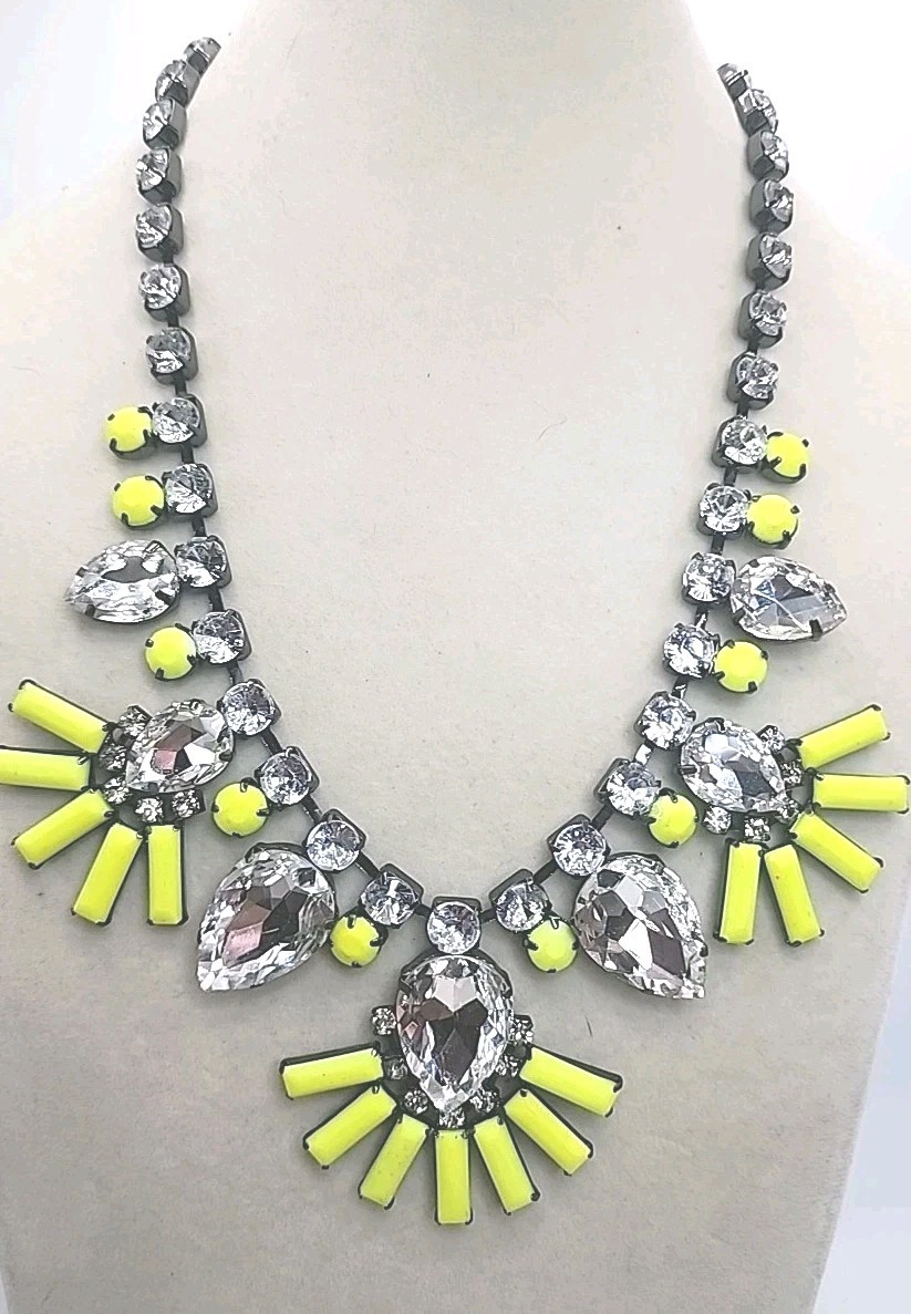 Silver Tone Clear Rhinestone W/Neon Yellow Accents Statement Bib Necklace 24