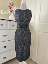 Calvin Klein Black Gray Printed Knit Belted Pencil Sheath Midi Dress Sz.2