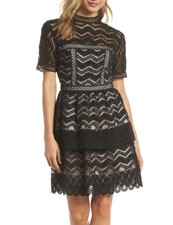 Ever New 156262 Women's Tiered Lace Fit & Flare Dress Mock Neck Black Sz. 6 US