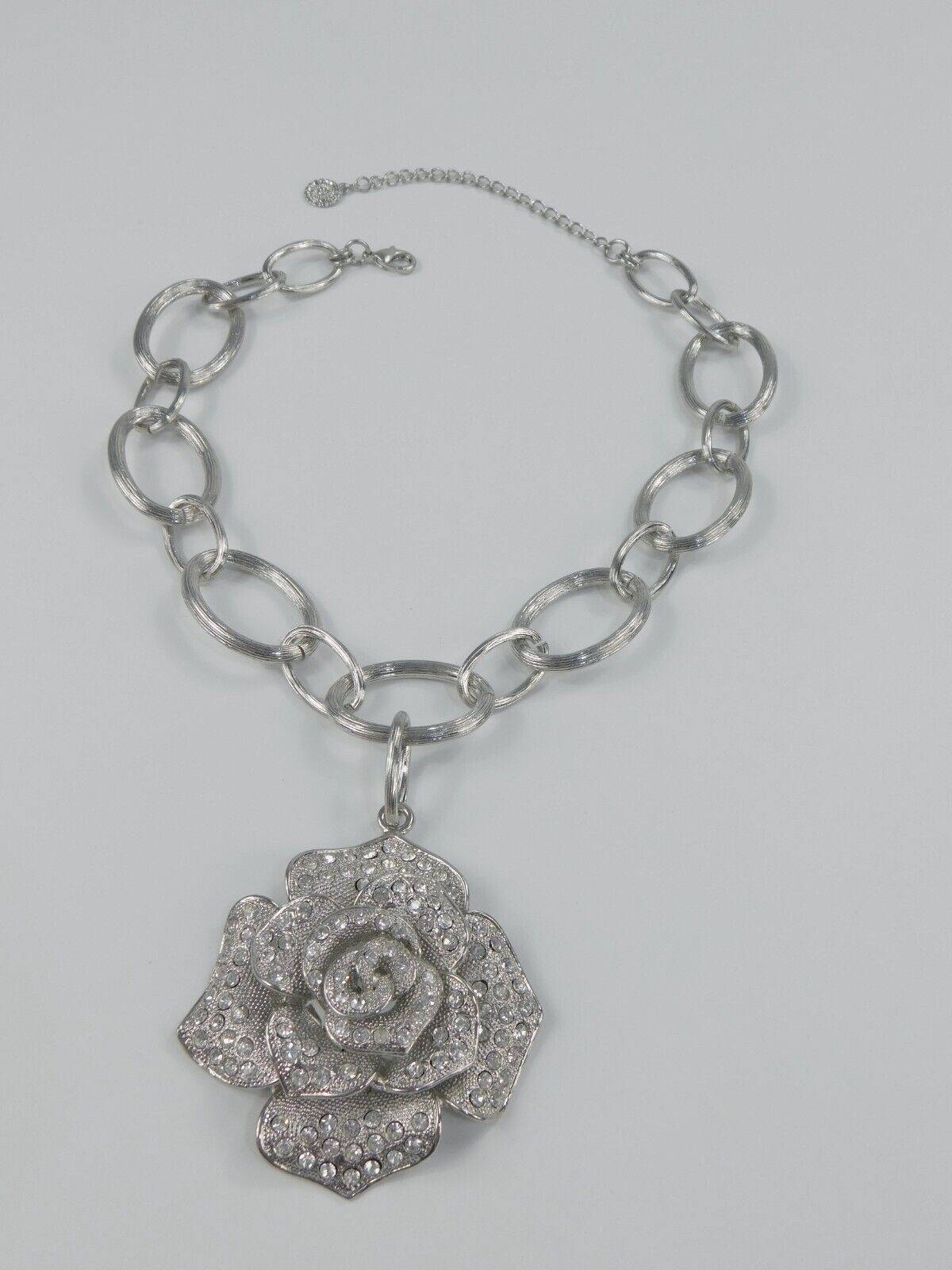 Silver Tone Huge Rose Pave Rhinestone Pendant Necklace R.J. Graziano