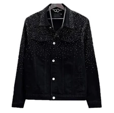Men New Luxury Embroidered Rhinestones Fashion Jeans Black Jacket High Quality