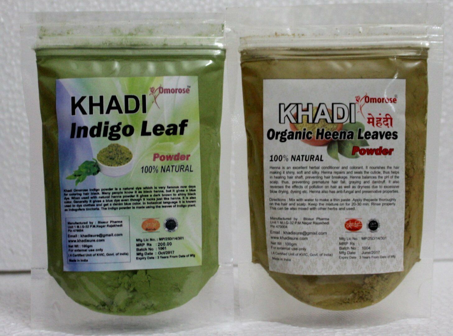 100 Gm Of Each Pure And Natural Indigo & Heena Powder From Khadi Omorose