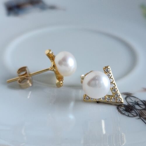 Natural Pearl V Shape +Sapphire Stud Earrings 14k Yellow Gold Over Silver