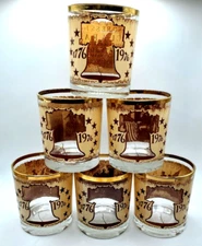 Americana Bicentennial Glass Barware Brown Gold Gilt Rimmed Different Scenes 6