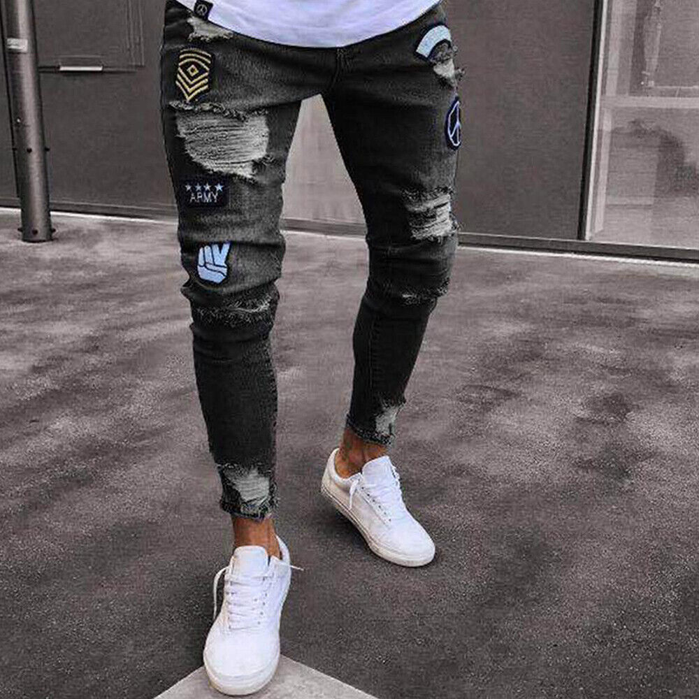 Mens Bottoms Frayed Ripped Jeans Denim Pants Slim Fit Distressed Skinny  Trousers