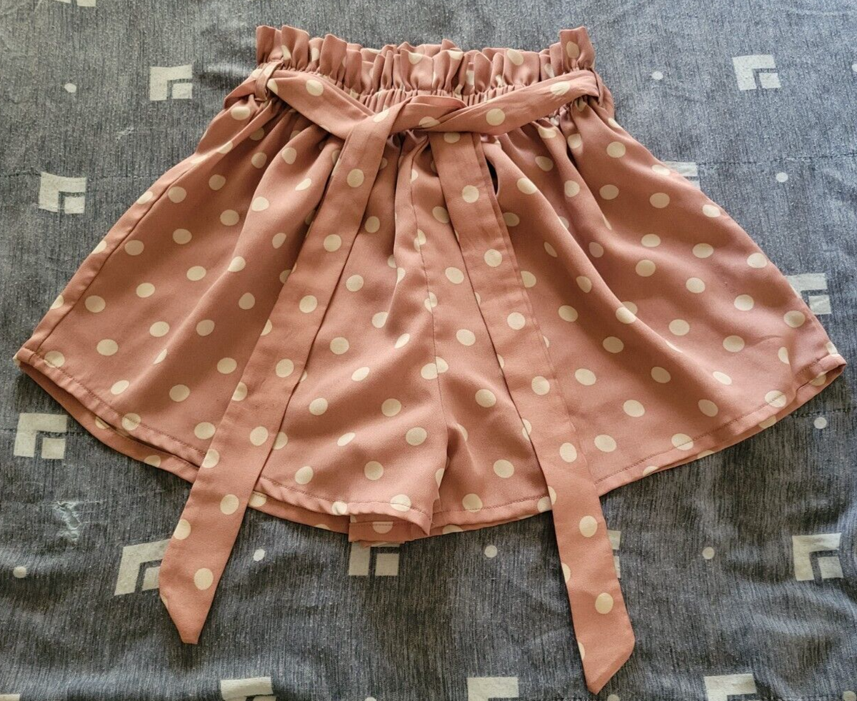Shein Girls Youth Pink/White Polka Dot Casual Belted Flowy Ruffle Shorts  11-12Y