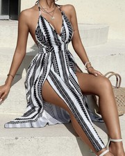 Womens XXL Split Maxi Tie Deep V-Neck Casual Dress Summer Backless Black & White