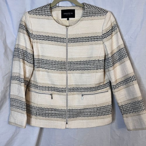 Lafayette 148 New York striped tweed zip blazer cream black metallic Sz