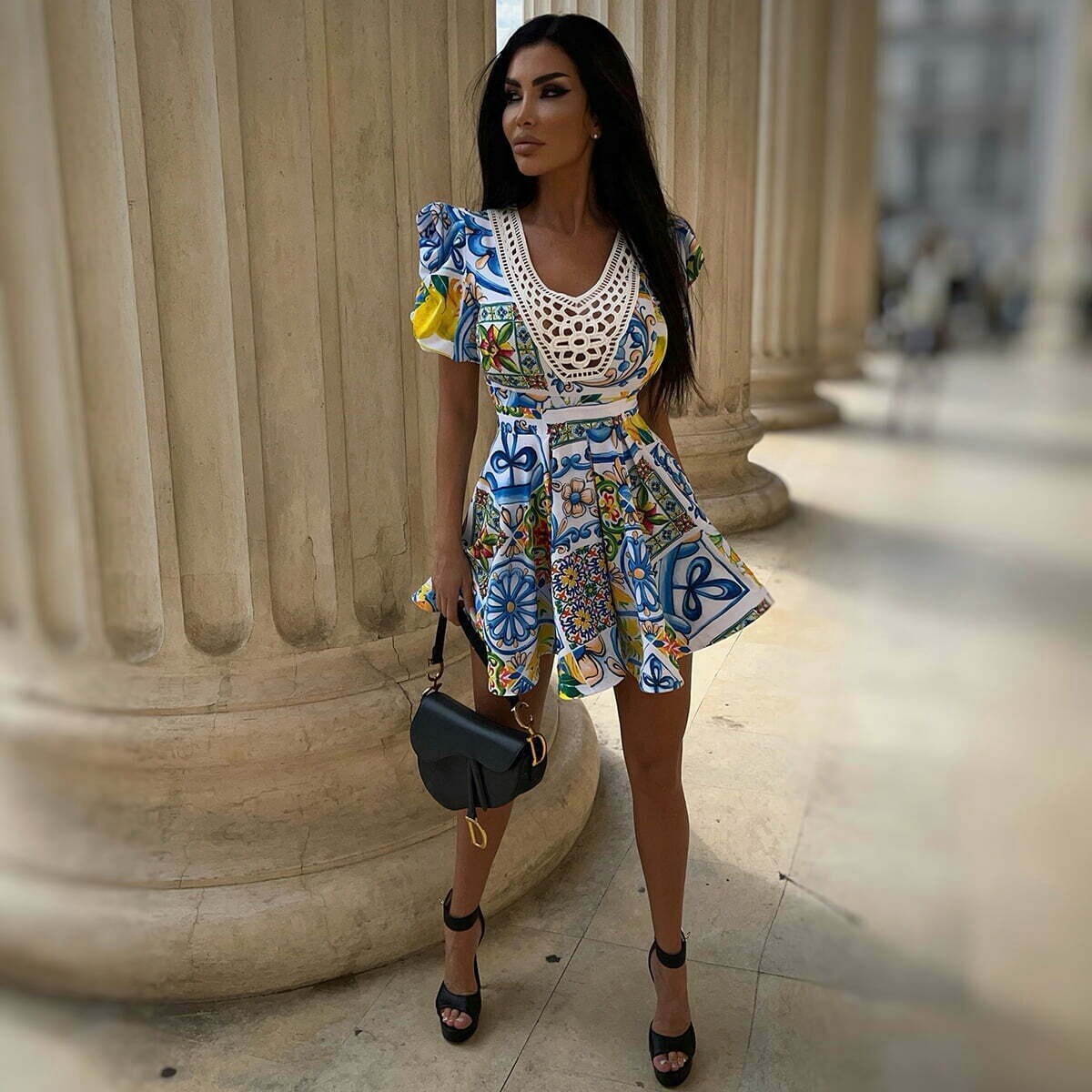 Lemon Print Blue White Lace Italy Portofino Style Summer Dress Size S |  eBay UK