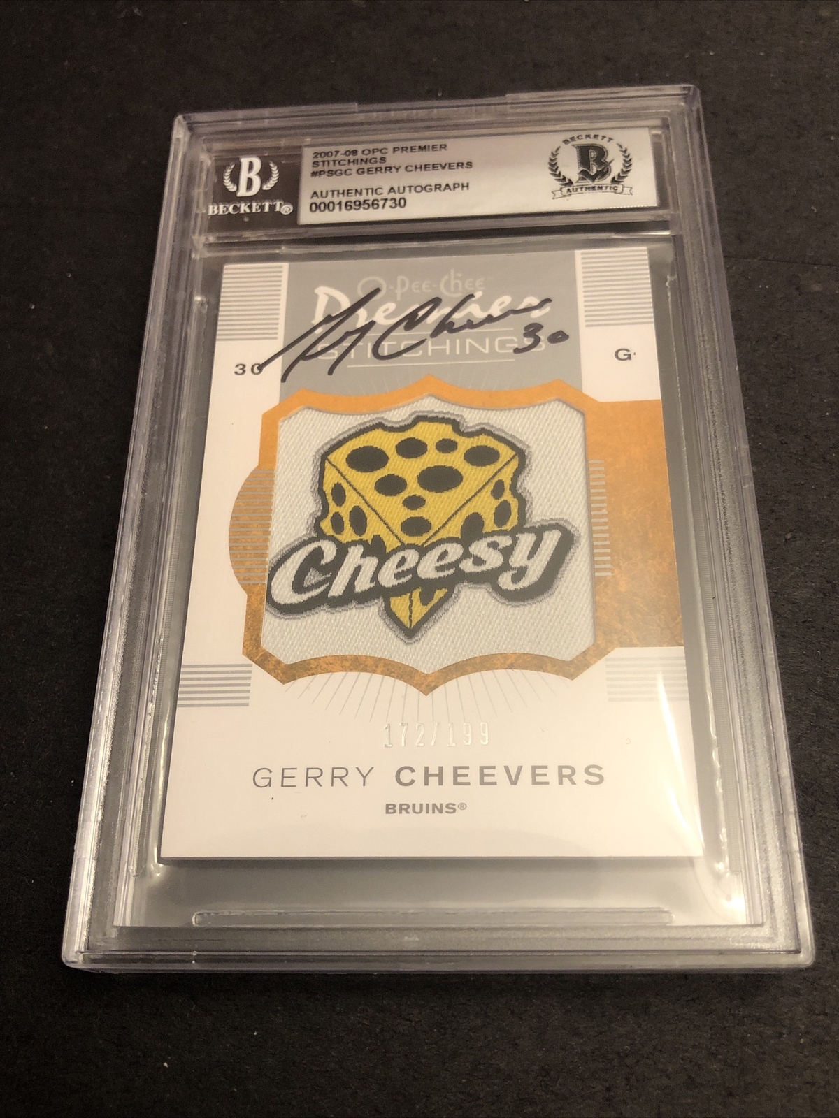 Gerry Cheevers Autographed Signed Boston Bruins Beckett 10 Gem Mint 2007-08 Stitchings OPC 730 