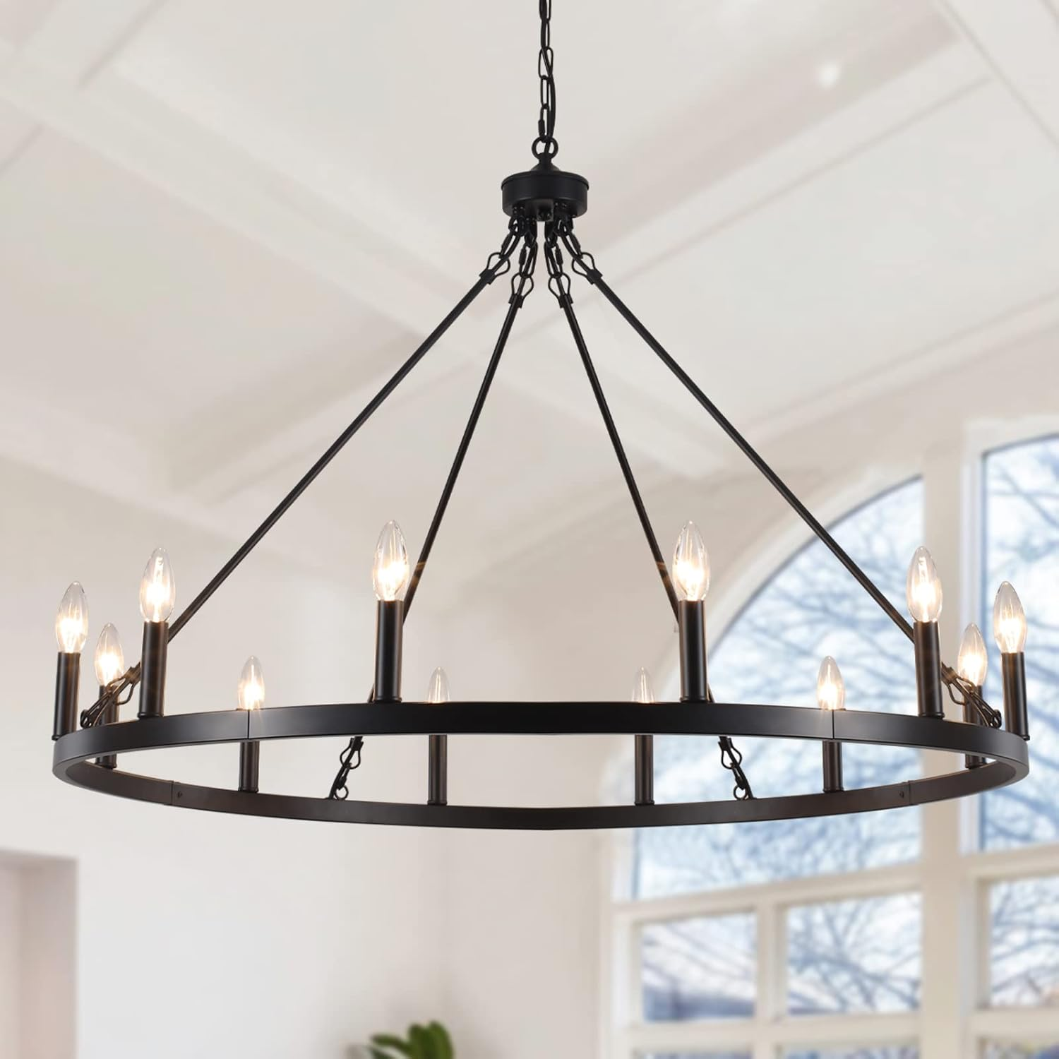 Farmhouse Black Wagon Wheel Chandelier 12-Light 38 Inch Rustic Living Room Lighting