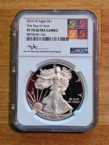 2019-W Silver Eagle $1 - NGC PF70 Ultra Cameo / FDOI / John M. Mercanti Signed