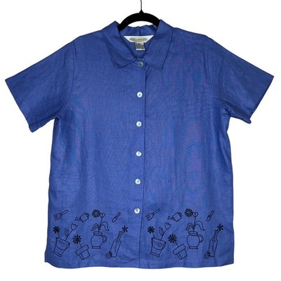 Melrose Collectibles NWT VTG 100% Linen Embroidered Garden Button Down Top MP