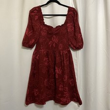 Roxy Womens Red Floral Smocked Knee-Length Maxi Dress Puff Sleeve Large Preowned