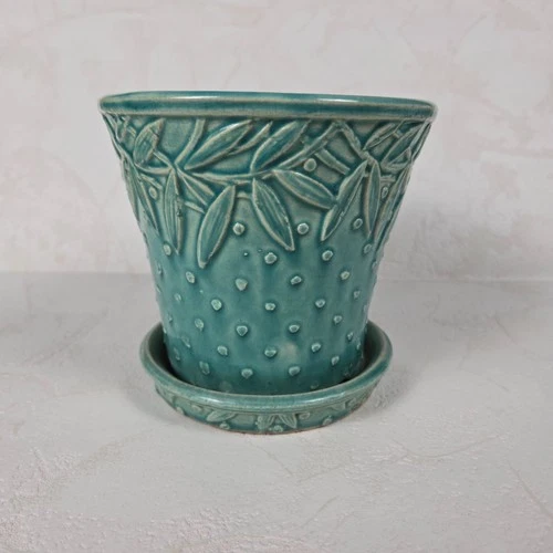 Nelson McCoy NM USA Turquoise Planter Vintage Leaf Rim Hobnail 5.5" 1930s–40s