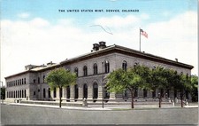 Vintage Linen Postcard The United States Mint Building Denver Colorado US Flag