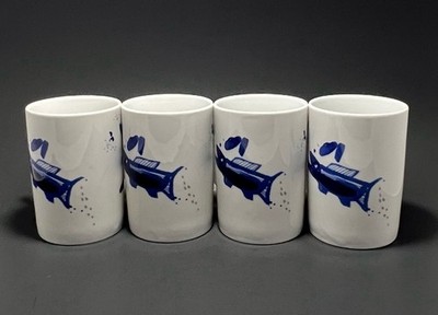 Ocean Blue GILITZER Germany White/Blue Fish  4 Pieces Coffee Mug 8 Ounces