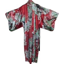 Vintage 90s Japanese Kimono Robe Floral Satin Juguemm Geisha Yukata Japan 56"