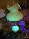 Vintage Fenton Uranium Custard Satin Poppy Hurricane Lamp GLOWS BEAUTIFULLY!