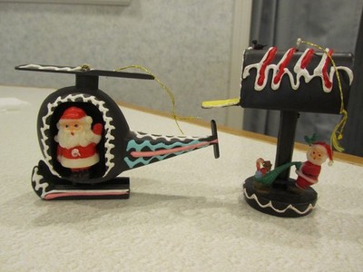 Vintage Chocolate Candy Plastic Santa Helicopter & Mailbox Christmas Ornaments